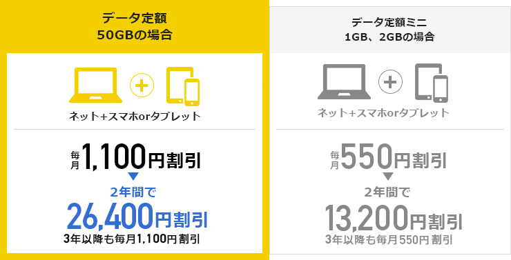 データ定額50GBの場合、データ定額ミニ1GB、2GBの場合